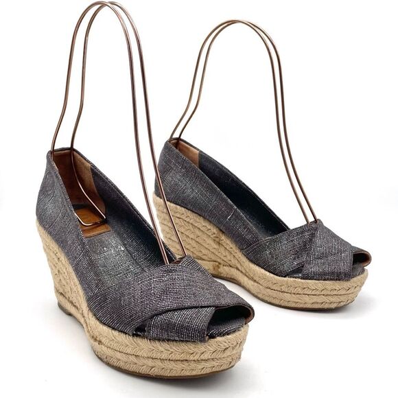 Tory Burch Filipa Espadrille Wedge Heel in Shimmer Pewter Linen Women’s Size 5.5 - Picture 2 of 16